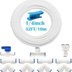 CESFONJER 1/4" Conector Kit, RO Osmosis Inversa Sistema de Filtro Paquete de 12 (Y + T + I + L Combo + Válvula de Cierre) +10 Metros Tubo de Agua Blanco 1/4" (6.3 mm)