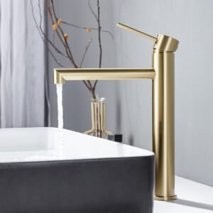ONECE Grifo de Lavabo Alto, Grifo Baño Oro Cepillado para Encimera, Mezclador para Baño de Acero Inoxidable 304, Grifos Monomando Lavabo de Caño Alto, Aireador Extraíble, Agua Fría y Caliente