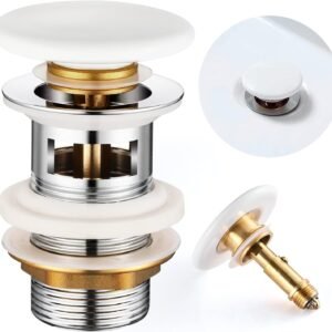 Tapón de Lavabo con Rebosadero, OTOmitra Pop-Up Válvula Desagüe, Universal Desague Lavabo Click Clack, válvula de desagüe con Cubierta de cerámica Blanca, antiobstrucciones