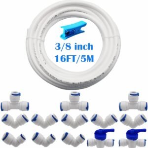 CESFONJER 3/8" Conector Kit, RO Osmosis Inversa Sistema de Filtro (T+ L Combo + Válvula de Cierre) +5 Metros Tubo de Agua 3/8", Conector tipo L de 1/4"a 3/8"