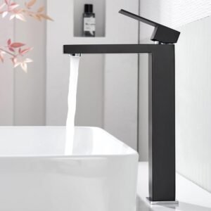 Kelleria Grifo de Lavabo Alto Negro, con un Solo Mango para Lavabos Elevados, Grifo Mezclador para el Baño con Altura de Salida de 244 mm, Grifo de Lavabo con Accesorios Incluidos