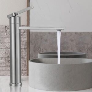 SHANFO Grifo de lavabo Baño Cepillado,Mate Alto Caño Grifo Lavabo,Monomando de Agua Fría y Caliente con Aireador Desmontable,M2OK-T