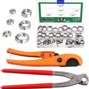 Keadic 52 herramientas de crimpado de abrazadera de manguera de oreja y cortador de tubos PEX para tubo de 1/8 a 1 1/4 pulgadas con abrazaderas de acero inoxidable 304 de 6 mm a 18,5 mm, herramienta