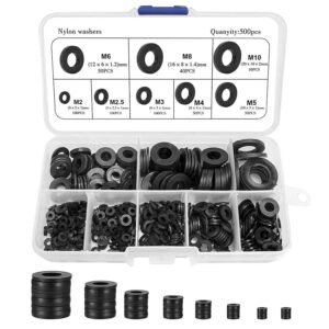 500 arandelas de nailon negro, juego de arandelas de goma planas de goma, juntas de nailon, arandelas espaciadoras redondas negras, arandelas y juntas M2 M2.5 M3 M4 M5 M6 M8 M10 para fontanería, grifo