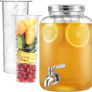 Navaris Dispensador de Bebidas con Grifo - Recipiente de Cristal de 4 L - Garrafa Agua con Grifo con Dosificador de Metal - Garrafa de Agua - Diseño de Rayas