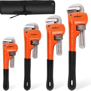 Brimix 4 pcs juego de llave ajustable para tubos Stillson profesional, 8 10 12 14 pulgadas, mordaza para fontanero y trabajos de fontanería, tubería, automóvil. Mango con goma y estuche.